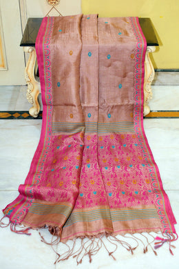 Premium Quality Tussar Silk Nakshi Work Saree in Brandy Rose, Deep Matt Pink, Mustard and Cerulean Blue