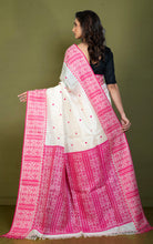 Premium Quality Assamese Nakshi Motif Inspired Handwoven Work on Tussar Silk Saree in Floral White and Hot Pink