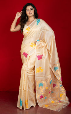 Premium Quality Tussar Valkalam Silk with Minakari Rich Pallu in Warm Beige, Multicolored and Natural Golden