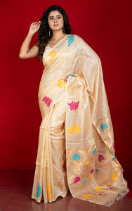 Premium Quality Tussar Valkalam Silk with Minakari Rich Pallu in Warm Beige, Multicolored and Natural Golden