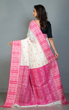 Premium Quality Assamese Nakshi Motif Inspired Handwoven Work on Tussar Silk Saree in Floral White and Hot Pink