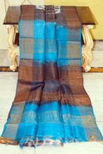 Soft Tussar Silk with Tie and Dye Shibori Work Saree in Charcoal Black, Deep Sky Blue and Off White