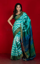 Soft Tussar Silk with Tie and Dye Shibori Work Saree in Jewel Green, Endeavour Blue and Off White