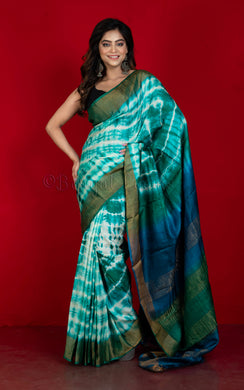 Soft Tussar Silk with Tie and Dye Shibori Work Saree in Jewel Green, Endeavour Blue and Off White