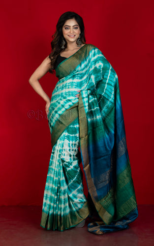 Soft Tussar Silk with Tie and Dye Shibori Work Saree in Jewel Green, Endeavour Blue and Off White