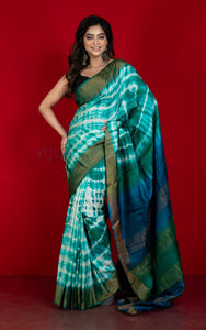Soft Tussar Silk with Tie and Dye Shibori Work Saree in Jewel Green, Endeavour Blue and Off White