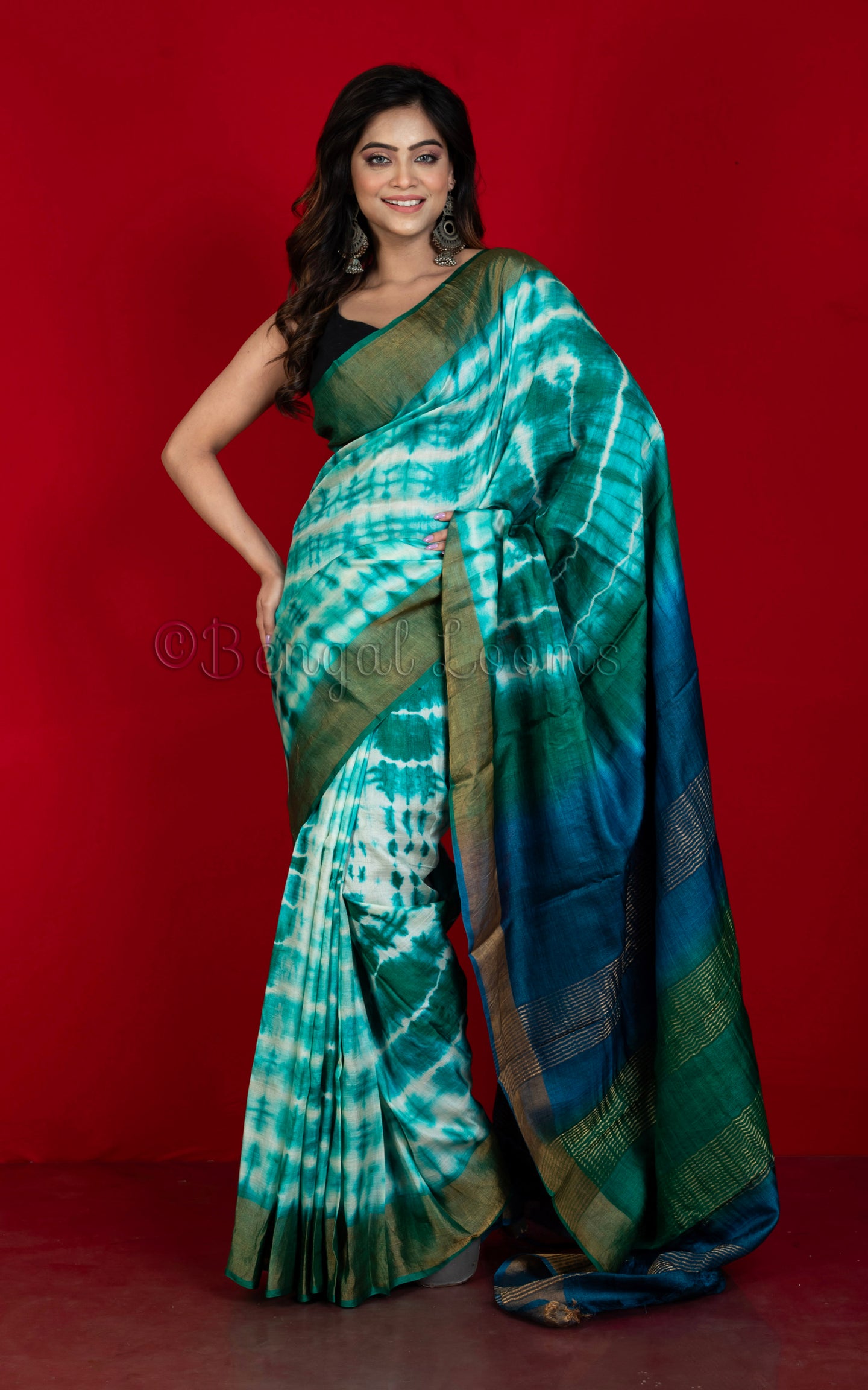 Soft Tussar Silk with Tie and Dye Shibori Work Saree in Jewel Green, Endeavour Blue and Off White