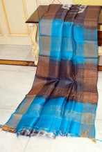 Soft Tussar Silk with Tie and Dye Shibori Work Saree in Charcoal Black, Deep Sky Blue and Off White