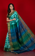 Soft Tussar Silk with Tie and Dye Shibori Work Saree in Jewel Green, Endeavour Blue and Off White