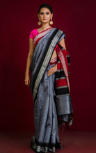 Vidarbha Tussar Raw Silk Saree in Gray, Dark Red, Black and Off White