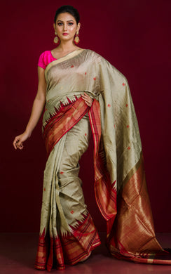 Soft Handwoven Tussar Raw Silk Saree in Khaki, Maroon and Brush Gold with Rich Pallu