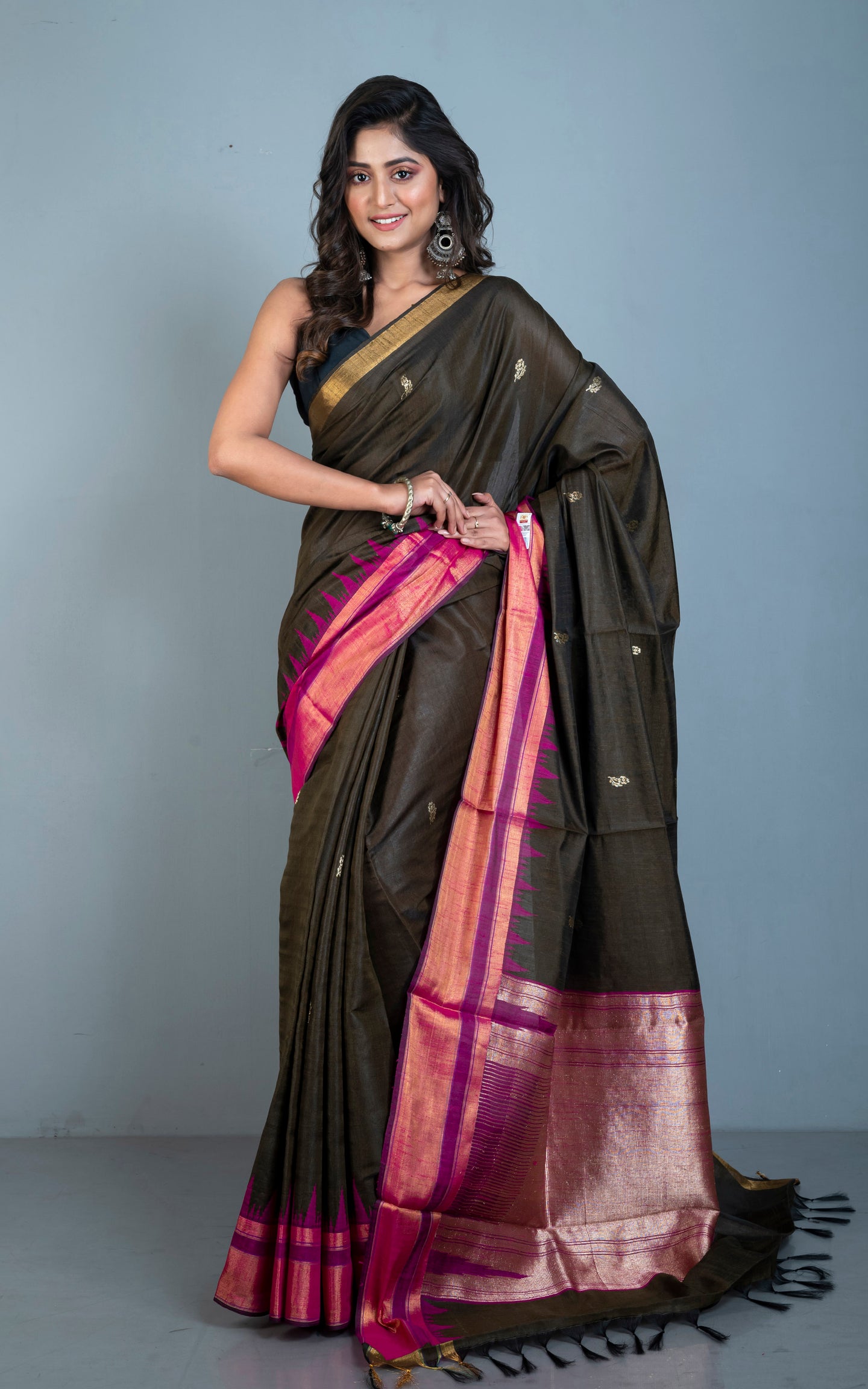 Handwoven Crowned Temple Border Tussar Raw Silk Saree in Snuff Brown and Dark Purple with Rich Pallu