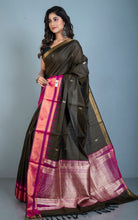 Handwoven Crowned Temple Border Tussar Raw Silk Saree in Snuff Brown and Dark Purple with Rich Pallu