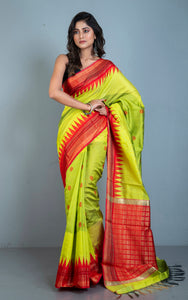 Dual Tone Dupion Raw Silk Saree in Green Yellow and Red with Rich Pallu