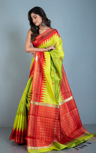 Dual Tone Dupion Raw Silk Saree in Green Yellow and Red with Rich Pallu