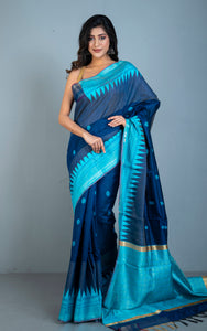 Dual Tone Dupion Raw Silk Saree in Denim Blue and Cyan Blue with Rich Pallu