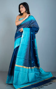 Dual Tone Dupion Raw Silk Saree in Denim Blue and Cyan Blue with Rich Pallu
