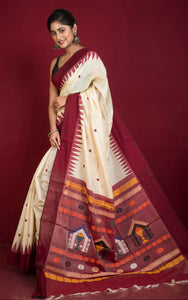 Dolabedi Work Tussar Silk Saree in Butter Cream, Dark Maroon and Multicolored Thread Work