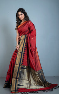 Handwoven Crowned Temple Border Tussar Raw Silk Saree in Falu Red and Black with Rich Pallu