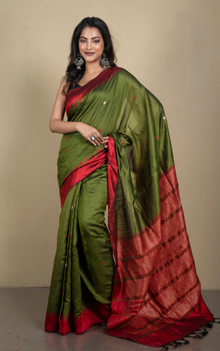 Handwoven Tussar Raw Silk Saree in Olive Green and Red Brown with Rich Pallu