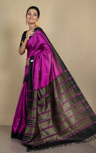 Handwoven Tussar Raw Silk Saree in Purple and Black with Rich Pallu