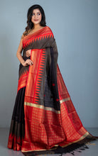 Dual Tone Dupion Raw Silk Saree in Black, Charcoal and Red with Rich Pallu