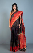 Dual Tone Dupion Raw Silk Saree in Black, Charcoal and Red with Rich Pallu