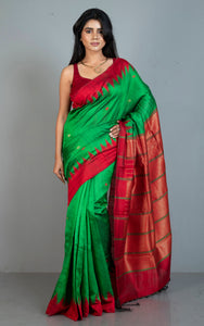 Handwoven Tussar Raw Silk Saree in Kelly Green and Bright Red with Rich Pallu