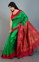 Handwoven Tussar Raw Silk Saree in Kelly Green and Bright Red with Rich Pallu