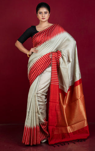 Handwoven Dupion Raw Silk Saree in Pistachio Green and Red with Rich Pallu