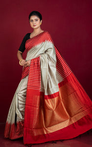 Handwoven Dupion Raw Silk Saree in Pistachio Green and Red with Rich Pallu