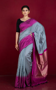 Handwoven Dupion Raw Silk Saree in Grey and Magenta with Rich Pallu