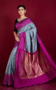 Handwoven Dupion Raw Silk Saree in Grey and Magenta with Rich Pallu