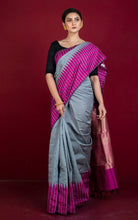 Handwoven Dupion Raw Silk Saree in Grey and Magenta with Rich Pallu