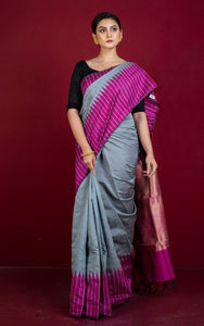 Handwoven Dupion Raw Silk Saree in Grey and Magenta with Rich Pallu