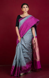 Handwoven Dupion Raw Silk Saree in Grey and Magenta with Rich Pallu