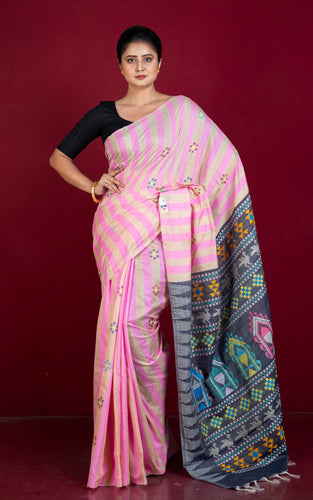 Handwoven Striped Raw Silk Saree with Dolabedi work Pallu in Pink, Beige, Black and Multicolored