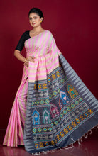 Handwoven Striped Raw Silk Saree with Dolabedi work Pallu in Pink, Beige, Black and Multicolored