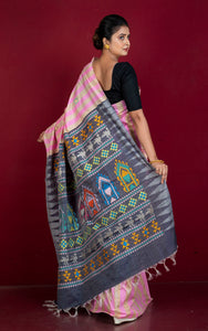 Handwoven Striped Raw Silk Saree with Dolabedi work Pallu in Pink, Beige, Black and Multicolored