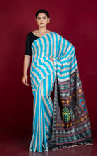 Handwoven Striped Raw Silk Saree with Dolabedi work Pallu in Blue, Beige, Black and Multicolored