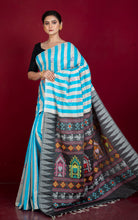 Handwoven Striped Raw Silk Saree with Dolabedi work Pallu in Blue, Beige, Black and Multicolored