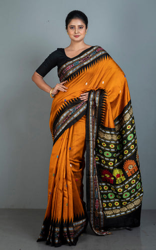 Dolabedi Tussar Silk Saree in Apricot Orange, Black and Multicolored Thread Work