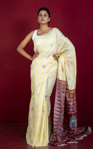 Handwoven Striped Raw Silk Saree with Dolabedi work Pallu in Hampton Yellow, Off White, Red Oxide and Multicolored