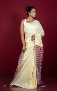 Handwoven Striped Raw Silk Saree with Dolabedi work Pallu in Hampton Yellow, Off White, Red Oxide and Multicolored