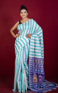 Handwoven Striped Raw Silk Saree with Dolabedi work Pallu in Sea Green, Light Beige, Admiral Blue and Multicolored