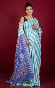 Handwoven Striped Raw Silk Saree with Dolabedi work Pallu in Sea Green, Light Beige, Admiral Blue and Multicolored