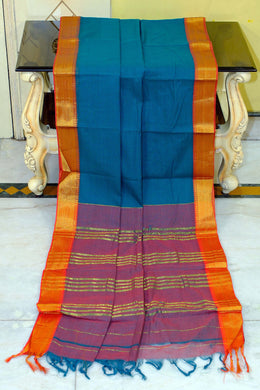 Self Woven Stripes Soft South Cotton Jacket Chatai Border Gadwal Saree in Blue Lagoon, Trendy Pinkand and Sunset Orange