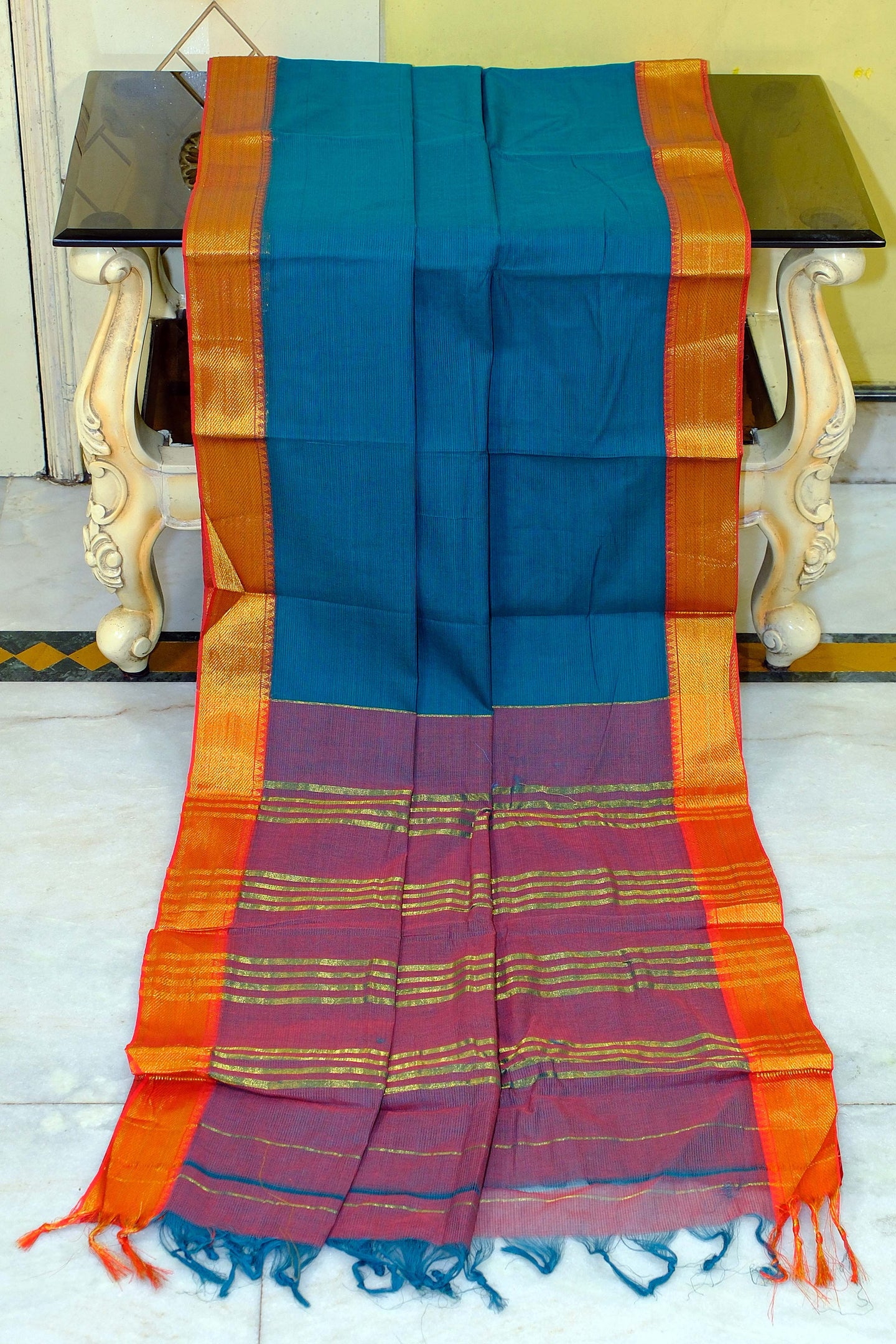 Self Woven Stripes Soft South Cotton Jacket Chatai Border Gadwal Saree in Blue Lagoon, Trendy Pinkand and Sunset Orange