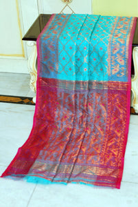 Soft Zari Brocade Dhakai Jamdani Saree in Turquoise Blue, Hot Pink and Copper