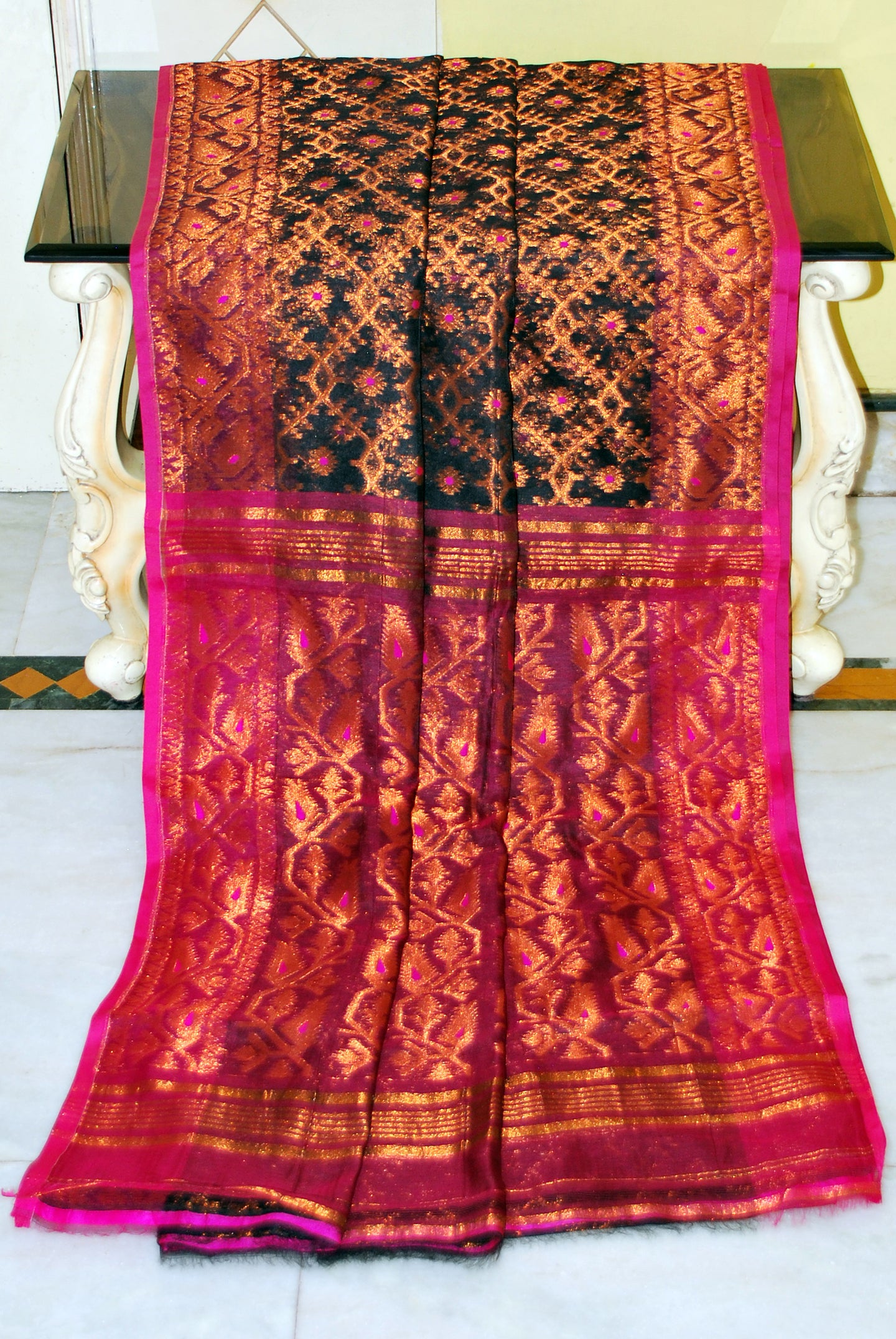 Soft Zari Brocade Dhakai Jamdani Saree in Black, Hot Pink and Copper